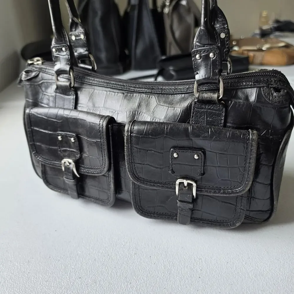 Fossil Shoulder Bag Womens Small Black Croc Embossed Leather Zip Purse Handbag